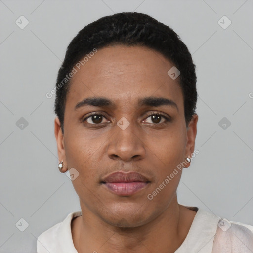 Neutral black young-adult male with short  black hair and brown eyes