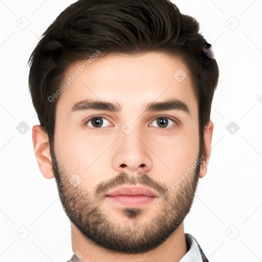 Neutral white young-adult male with short  brown hair and brown eyes