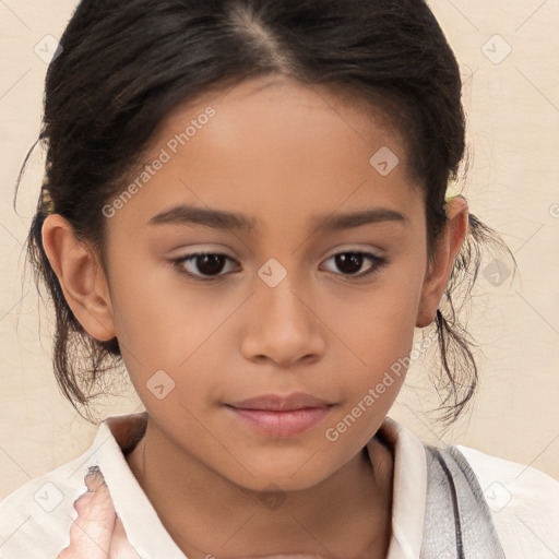 Joyful white child female with medium  brown hair and brown eyes