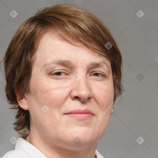 Joyful white adult female with medium  brown hair and blue eyes