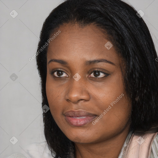 Joyful black young-adult female with medium  black hair and brown eyes
