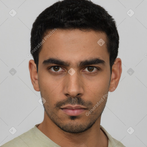 Neutral latino young-adult male with short  black hair and brown eyes