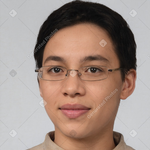 Joyful asian young-adult female with short  brown hair and brown eyes