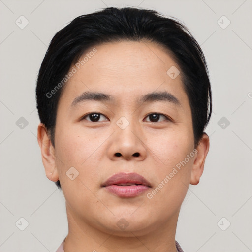 Neutral asian young-adult male with short  black hair and brown eyes