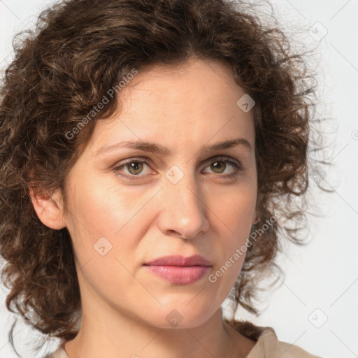 Joyful white young-adult female with medium  brown hair and green eyes