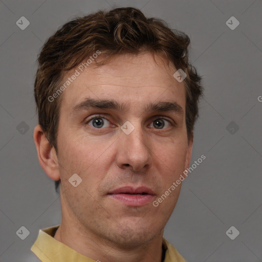 Neutral white adult male with short  brown hair and brown eyes