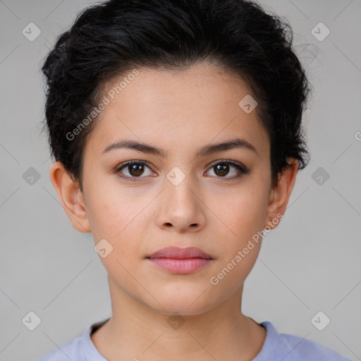 Neutral white young-adult female with short  brown hair and brown eyes