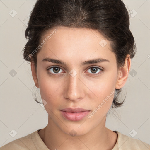 Neutral white young-adult female with medium  brown hair and brown eyes