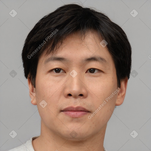 Neutral asian young-adult male with short  brown hair and brown eyes