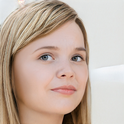 Neutral white young-adult female with long  brown hair and blue eyes