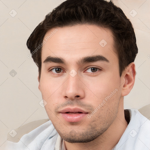 Neutral white young-adult male with short  brown hair and brown eyes