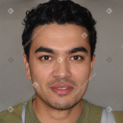 Joyful latino young-adult male with short  brown hair and brown eyes