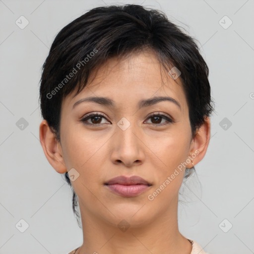 Neutral asian young-adult female with short  brown hair and brown eyes