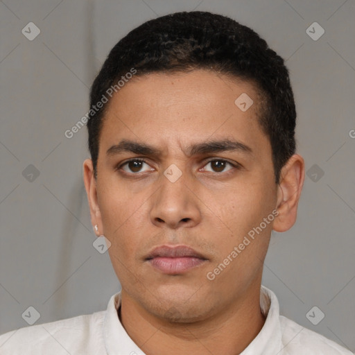 Neutral latino young-adult male with short  black hair and brown eyes