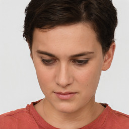 Neutral white young-adult female with short  brown hair and brown eyes