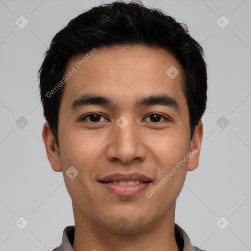 Joyful latino young-adult male with short  black hair and brown eyes