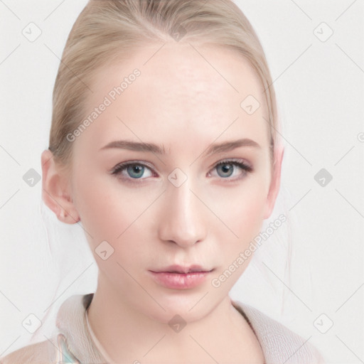 Neutral white young-adult female with medium  brown hair and blue eyes