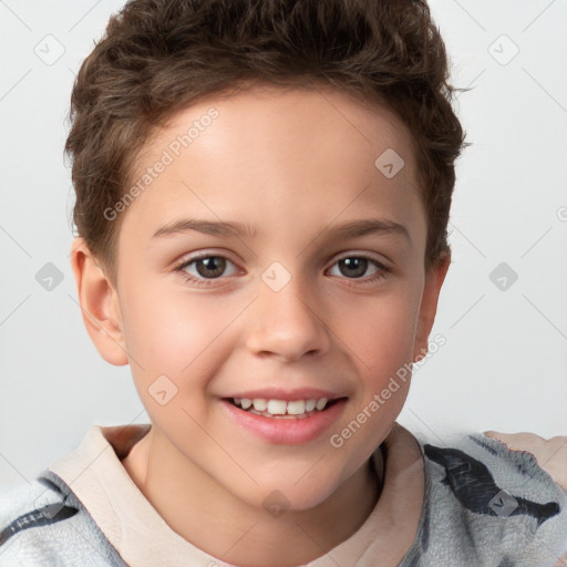 Joyful white child female with short  brown hair and brown eyes