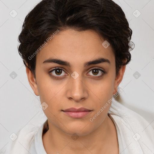 Neutral white young-adult female with short  brown hair and brown eyes