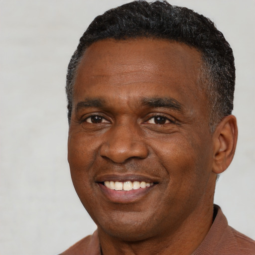 Joyful black adult male with short  black hair and brown eyes