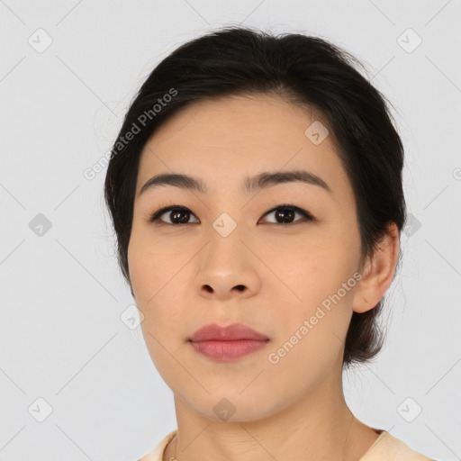 Neutral asian young-adult female with medium  black hair and brown eyes