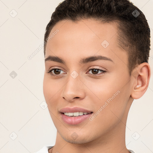 Joyful white young-adult female with short  brown hair and brown eyes