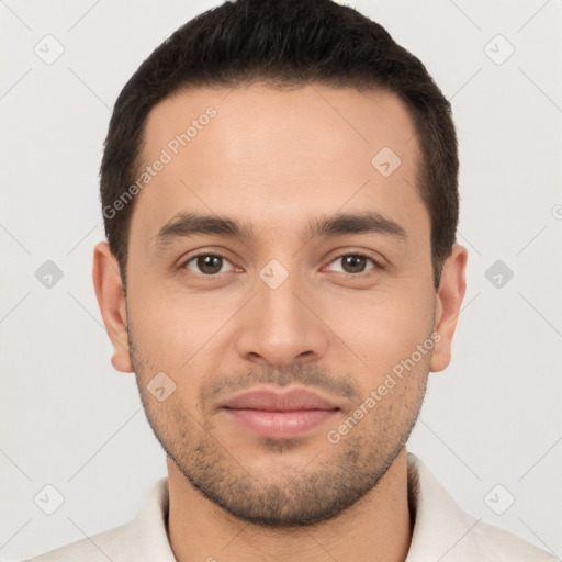 Neutral white young-adult male with short  brown hair and brown eyes