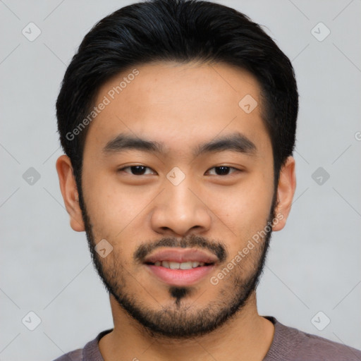 Neutral asian young-adult male with short  black hair and brown eyes