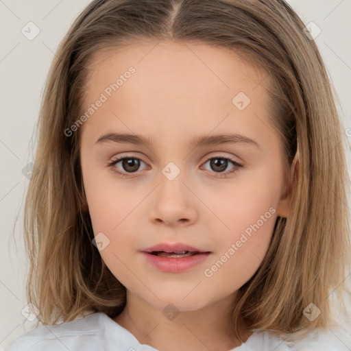 Neutral white child female with long  brown hair and brown eyes