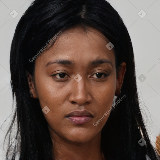 Neutral asian young-adult female with long  black hair and brown eyes