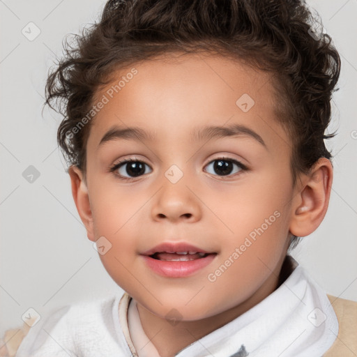 Joyful white child female with short  brown hair and brown eyes