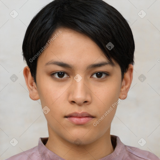 Neutral asian young-adult female with short  black hair and brown eyes