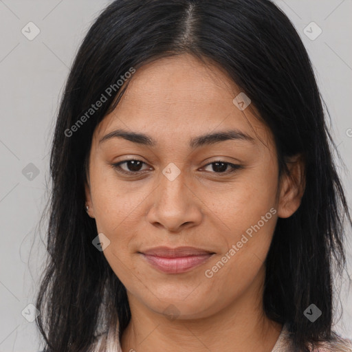 Joyful asian young-adult female with long  brown hair and brown eyes