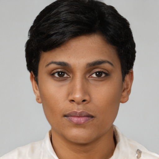 Neutral latino young-adult female with short  black hair and brown eyes