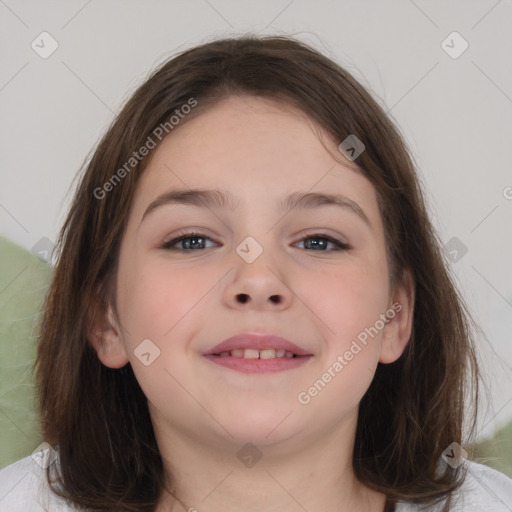 Joyful white child female with medium  brown hair and brown eyes