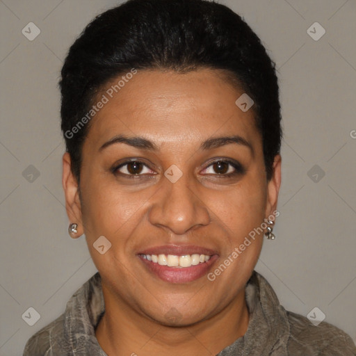 Joyful latino young-adult female with short  black hair and brown eyes