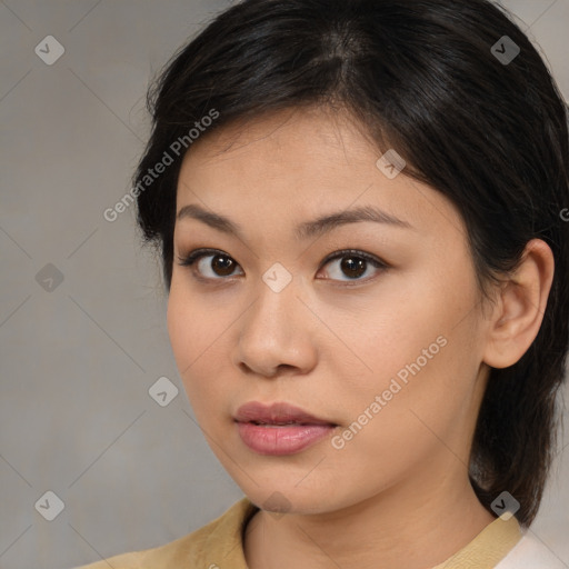 Neutral asian young-adult female with medium  brown hair and brown eyes