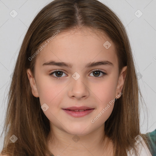 Joyful white child female with medium  brown hair and brown eyes