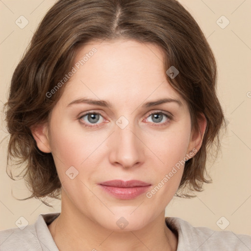 Joyful white young-adult female with medium  brown hair and green eyes