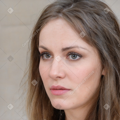 Neutral white young-adult female with long  brown hair and grey eyes