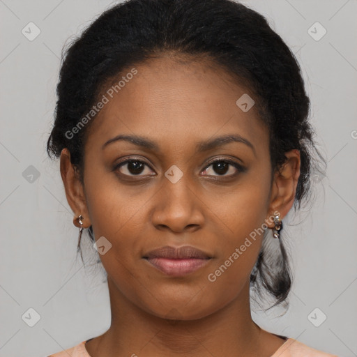 Joyful black young-adult female with medium  black hair and brown eyes