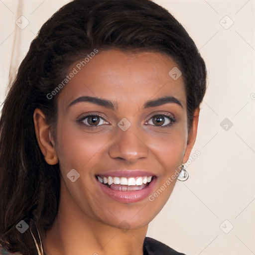 Joyful white young-adult female with long  brown hair and brown eyes