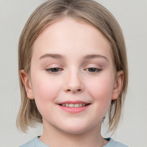 Joyful white child female with medium  brown hair and grey eyes