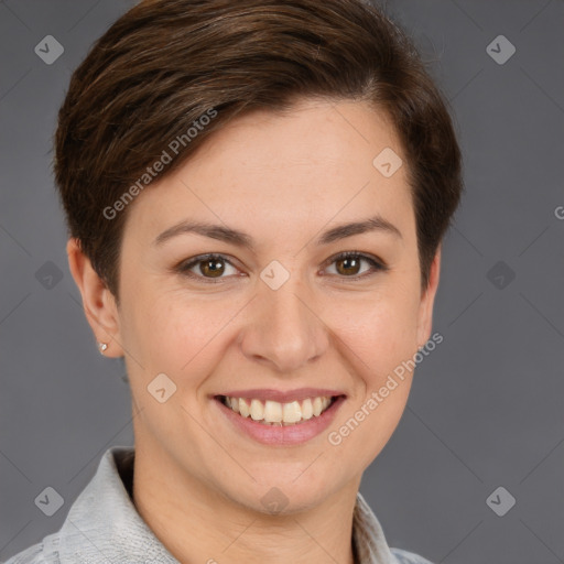 Joyful white young-adult female with short  brown hair and brown eyes