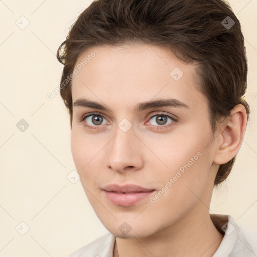 Neutral white young-adult female with medium  brown hair and brown eyes