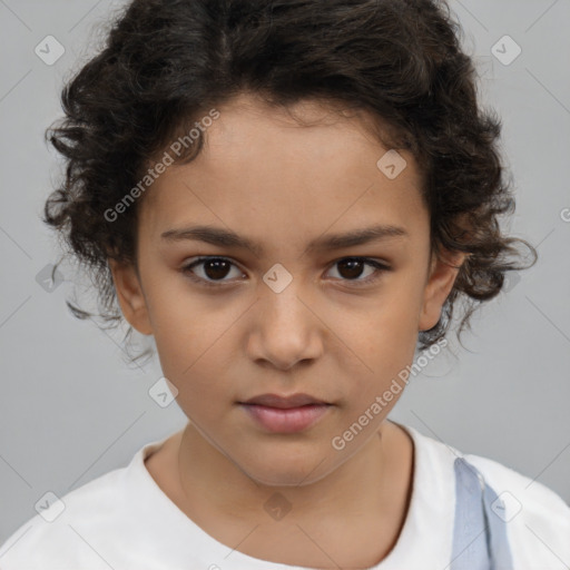 Joyful white child female with short  brown hair and brown eyes