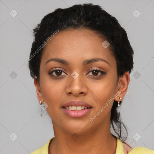 Joyful latino young-adult female with short  black hair and brown eyes