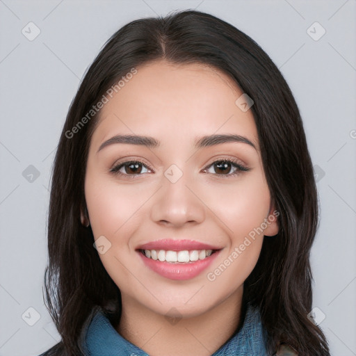 Joyful white young-adult female with long  black hair and brown eyes