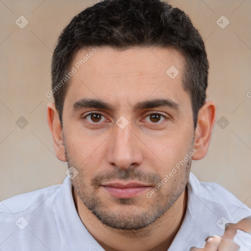 Neutral white young-adult male with short  brown hair and brown eyes