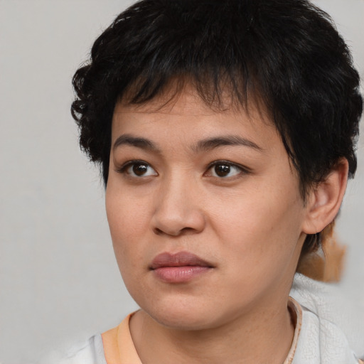 Neutral asian young-adult female with short  brown hair and brown eyes